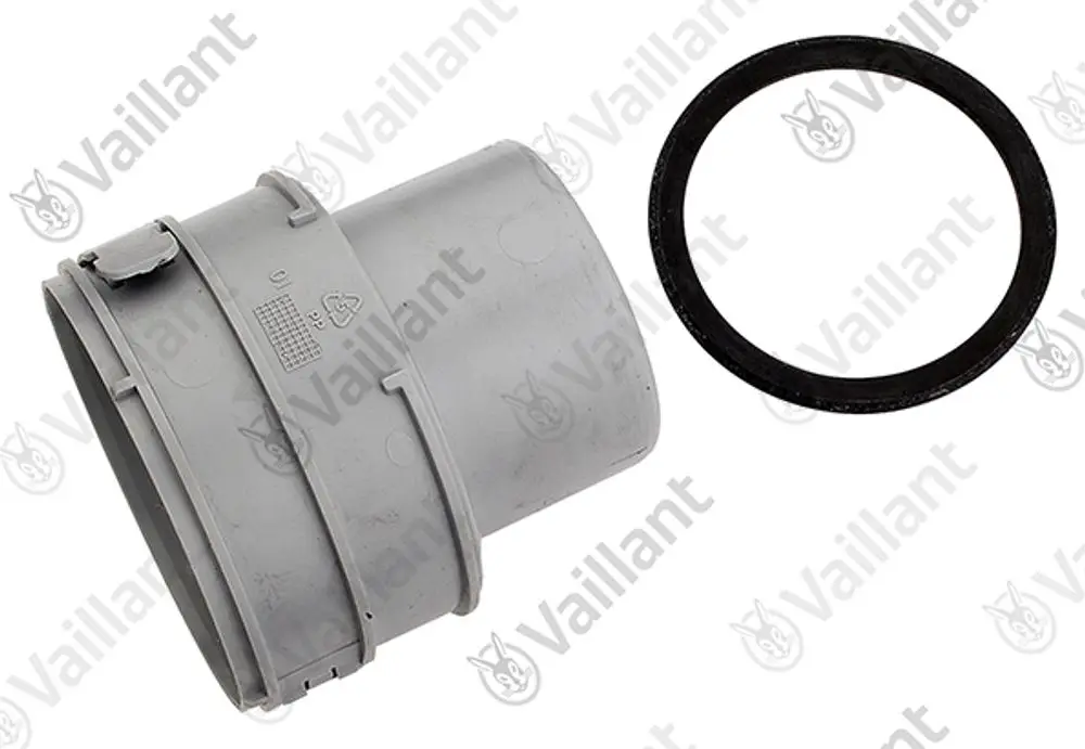 Graues Anschlussstück mit O-Ring, hergestellt von Vaillant, für die Verbindung in Brennwertsystemen.